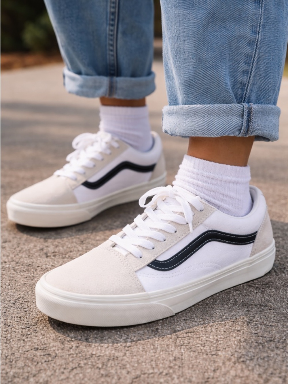 Vans Old Skool White Black Youth 6 Womens 7.5 Suede Sneakers